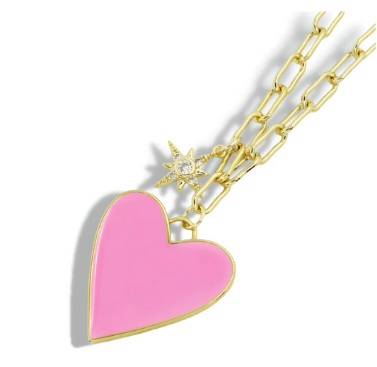 Enamel Heart/Star Necklace, Light Pink - Magpies Paducah