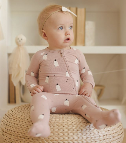 Bamboo Zip Footie, Pink Ghosts - Magpies Paducah