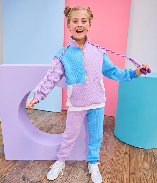 Colorblock Pullover, Lavender & Blue Quilted Trellis
