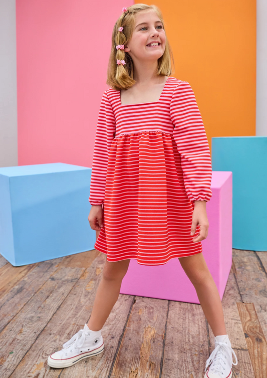 Cora Dress, Red & Pink Pique Stripe