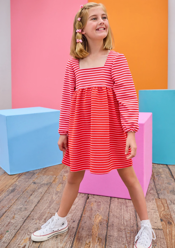 Cora Dress, Red & Pink Pique Stripe