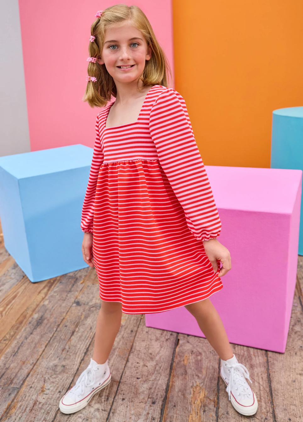 Cora Dress, Red & Pink Pique Stripe