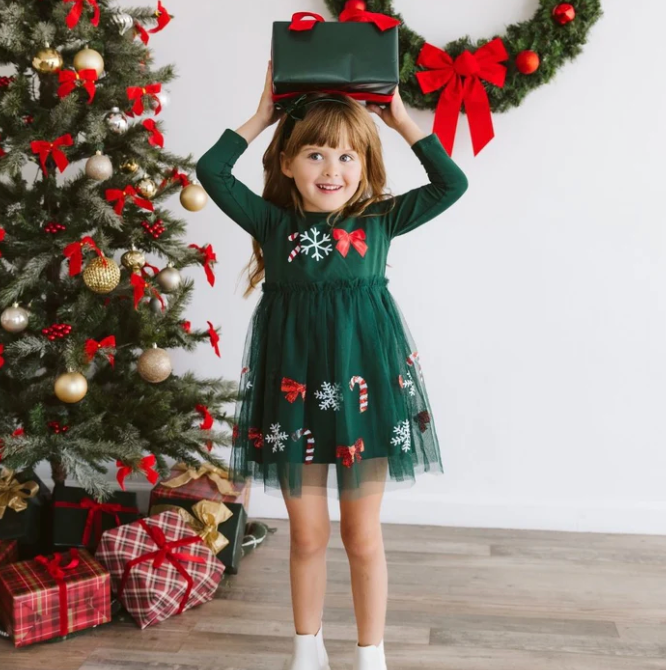 Emerald Candy Cane Sequin Tulle Dress - Magpies Paducah