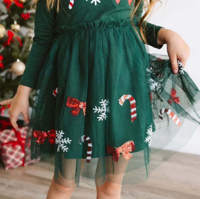 Emerald Candy Cane Sequin Tulle Dress - Magpies Paducah