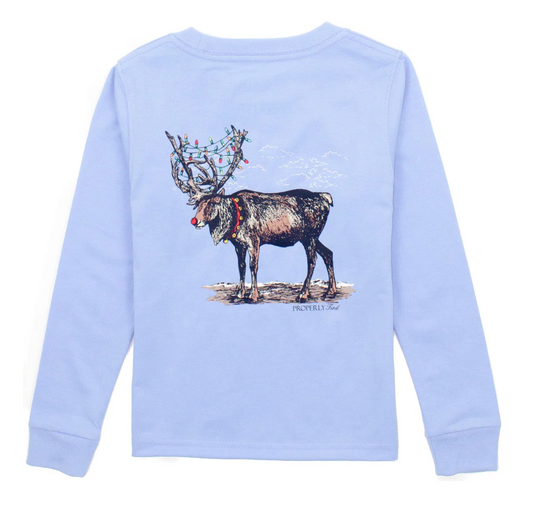Long Sleeve Tee, Light Blue Reindeer