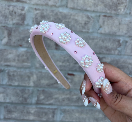 Pink Satin Pearl Flower Headband