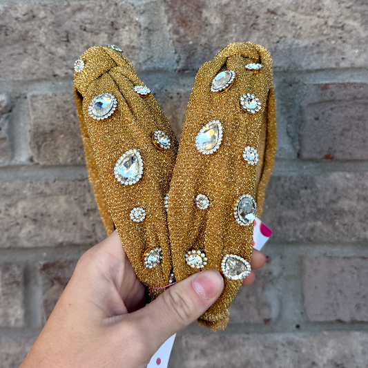 Shimmer Jeweled Knot Headband, Gold