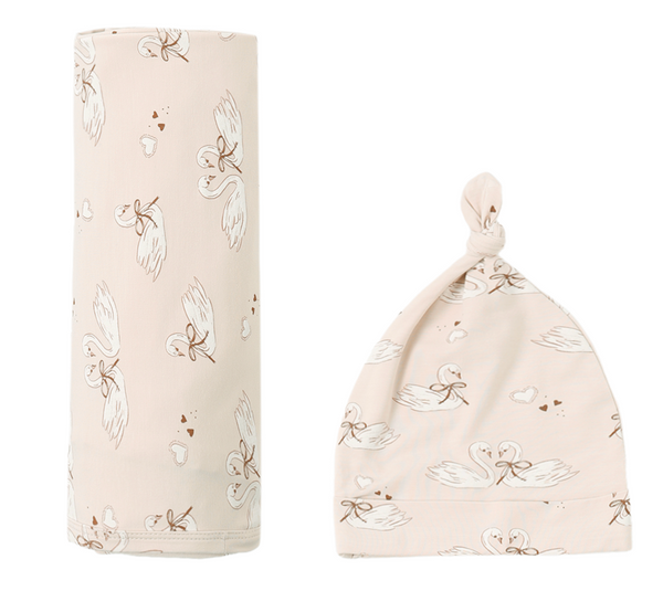 Bamboo Swaddle & Knotted Hat, Swans
