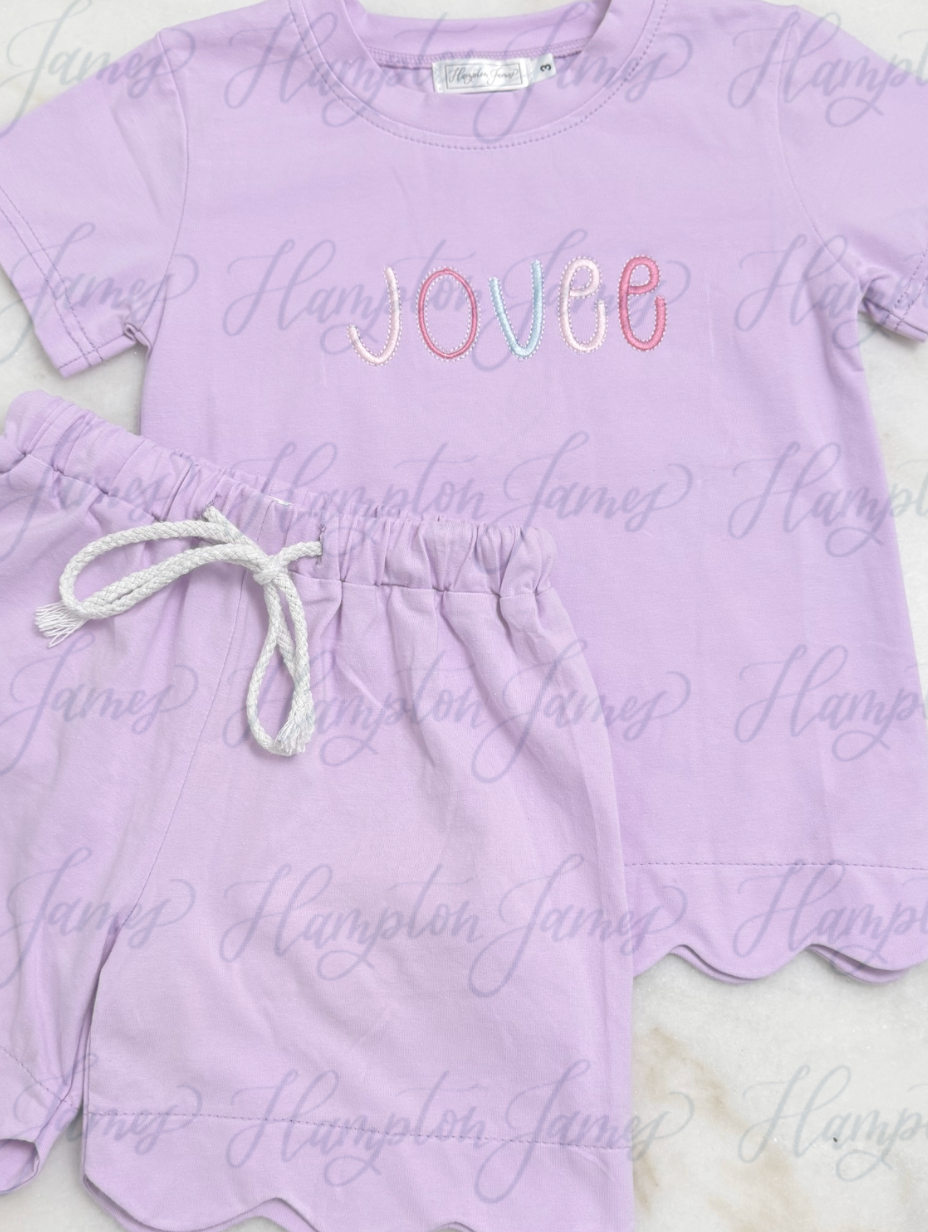 Scalloped Cotton Short Set, Purple