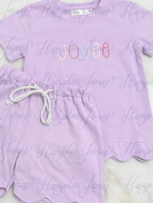 Scalloped Cotton Short Set, Purple