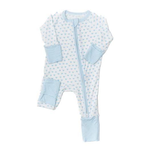 Hearts & Stripes Sleep Romper, Light Blue