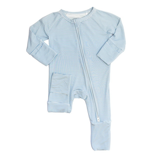 Mini Stripe Sleep Romper, Dusty Blue