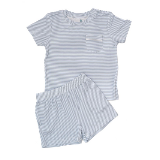 Sleep Short & Tee Set, Dusty Blue Stripe - Magpies Paducah