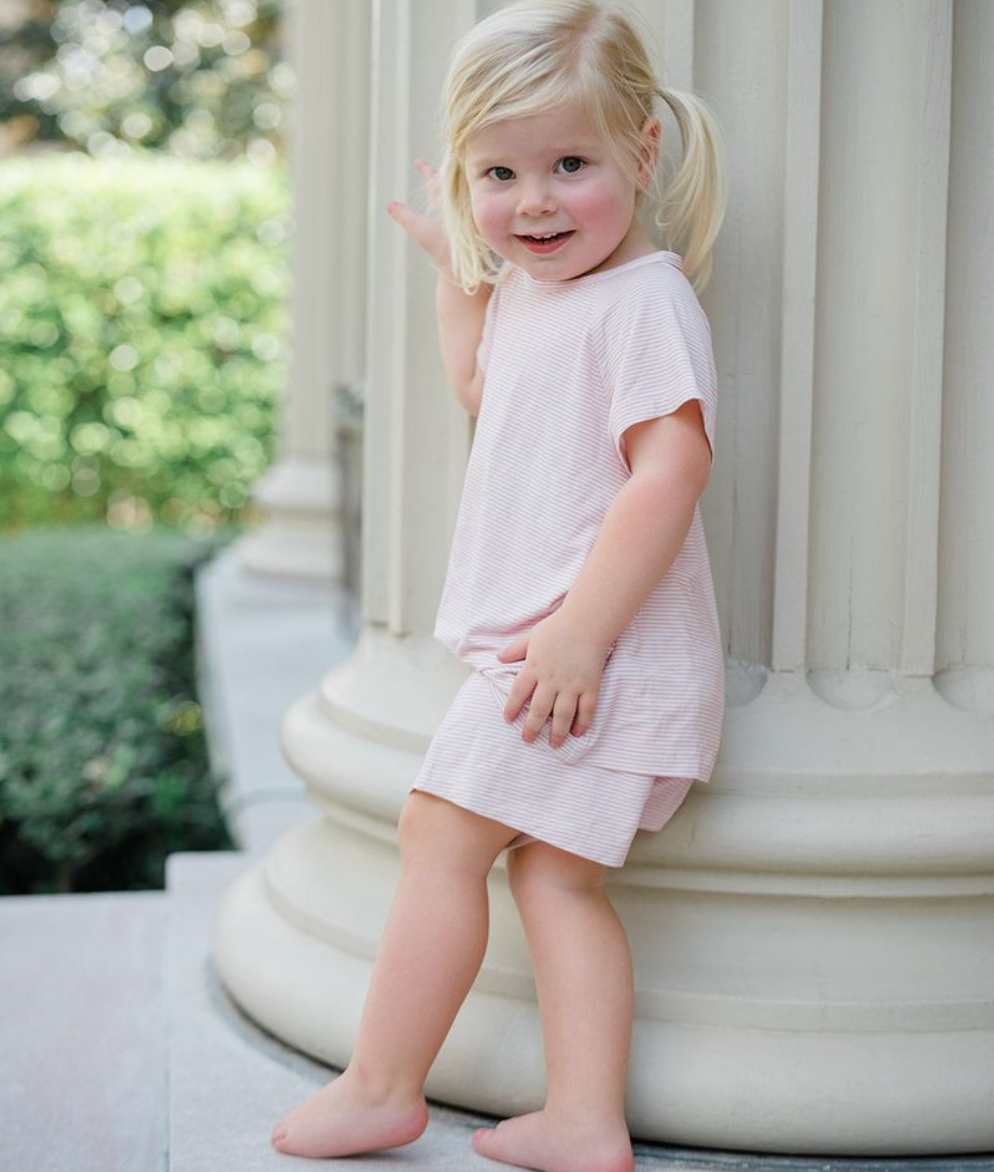 Sleep Short & Tee Set, Pink Mini Stripe - Magpies Paducah