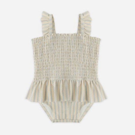 Smocked One-Piece, Blue + Butterscotch Stripe - Magpies Paducah