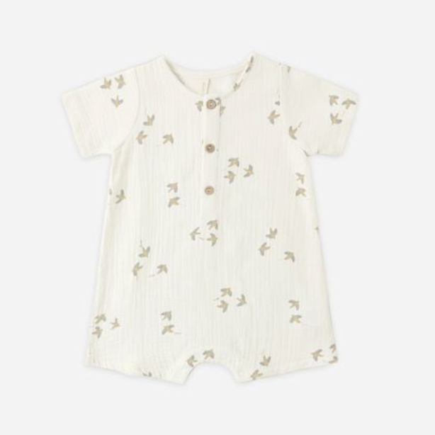 Short Sleeve Woven Romper, Birds - Magpies Paducah