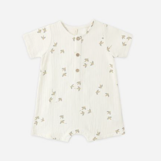 Short Sleeve Woven Romper, Birds - Magpies Paducah