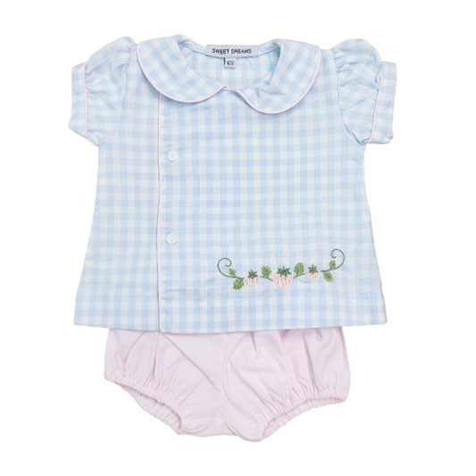 Blue Gingham Embroidered Diaper Set, Strawberry - Magpies Paducah