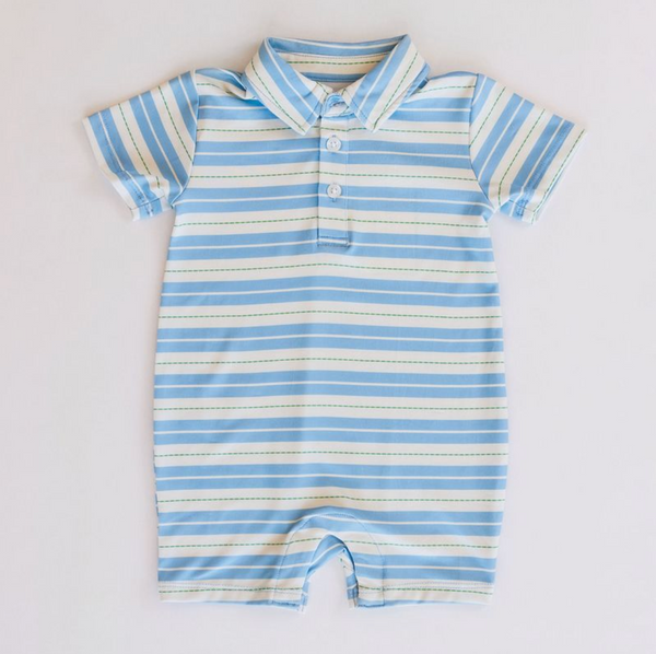 Knox Romper, Blue + Green Ticking Stripe - Magpies Paducah