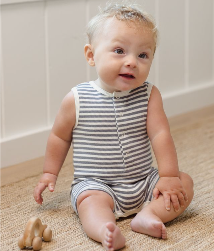 Ribbed Henley Romper, Ocean Stripe - Magpies Paducah