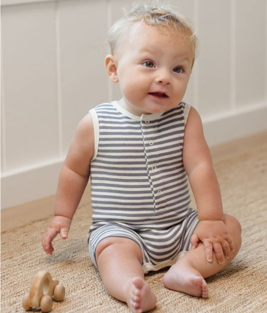 Ribbed Henley Romper, Ocean Stripe - Magpies Paducah