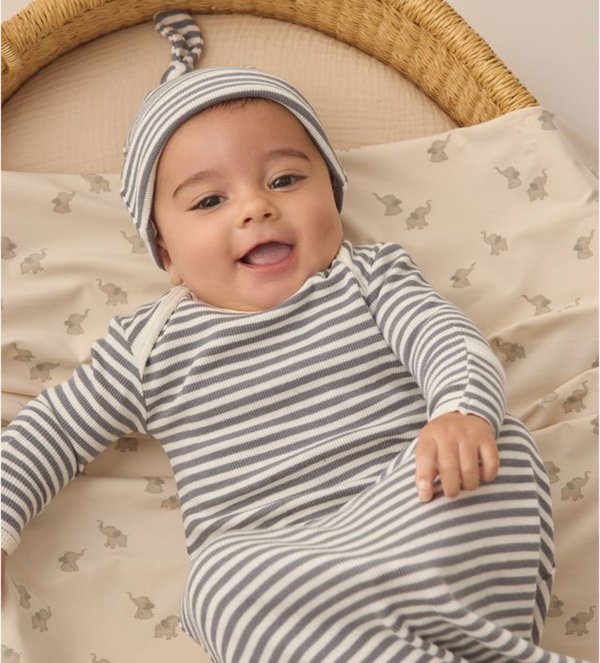 Knotted Baby Gown + Hat Set, Ocean Stripe - Magpies Paducah