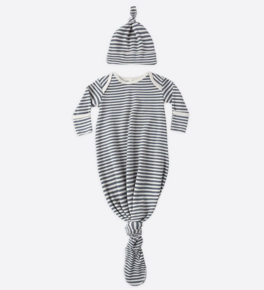 Knotted Baby Gown + Hat Set, Ocean Stripe - Magpies Paducah