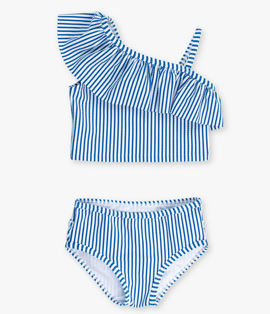 Seersucker One Shoulder Ruffle Tankini, Blue - Magpies Paducah