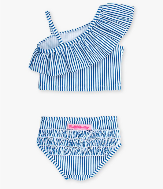 Seersucker One Shoulder Ruffle Tankini, Blue - Magpies Paducah