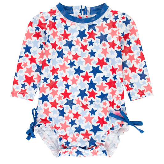 Rashguard Ruffle One-Piece, Shimmer Star-Spangled - Magpies Paducah