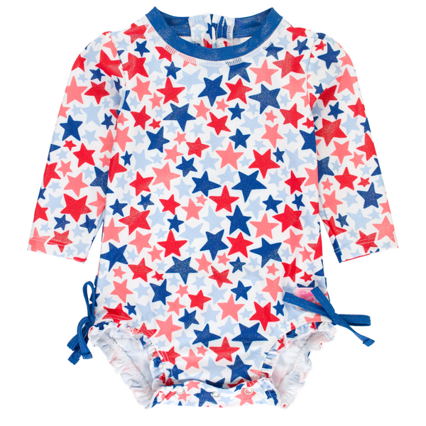 Rashguard Ruffle One-Piece, Shimmer Star-Spangled - Magpies Paducah