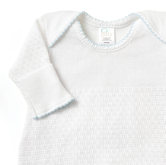 Overlap Shoulder Gown, White/Blue Trim