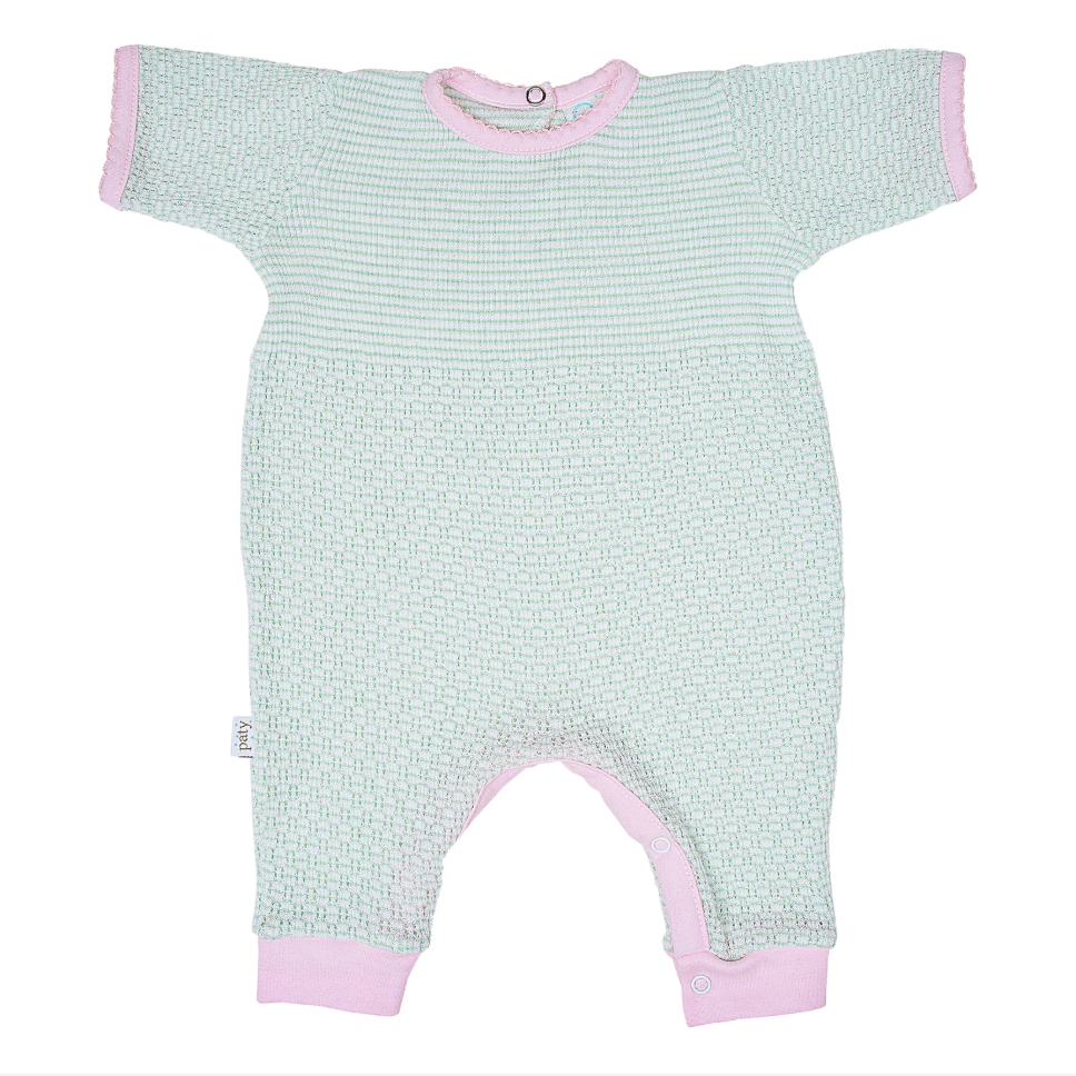 Short Sleeve Romper, Mint/Pink Trim - Magpies Paducah