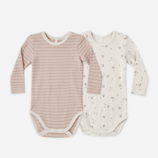 Ribbed Bodysuit 2 Pack, Dusty Rose Microstripe/Fall Ditsy