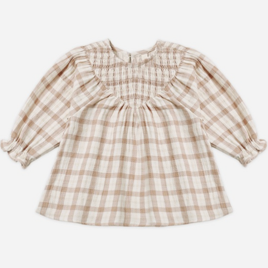 V-Smocked Dress, Rustic Plaid