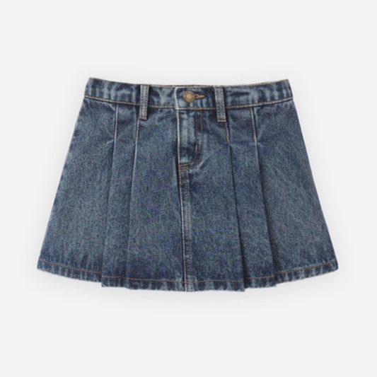 Pleated Denim Skirt, Indigo
