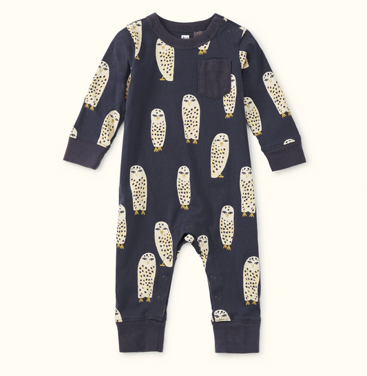 Long Sleeve Pocket Baby Romper, Owls