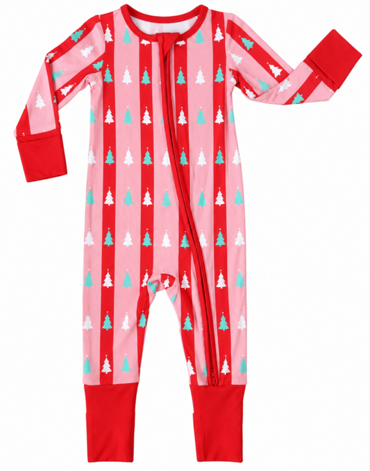 Zipper Romper, Red + Pink Tree Stripes - Magpies Paducah