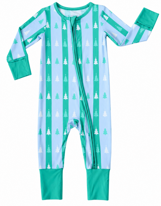 Zipper Romper, Blue + Green Tree Stripes - Magpies Paducah
