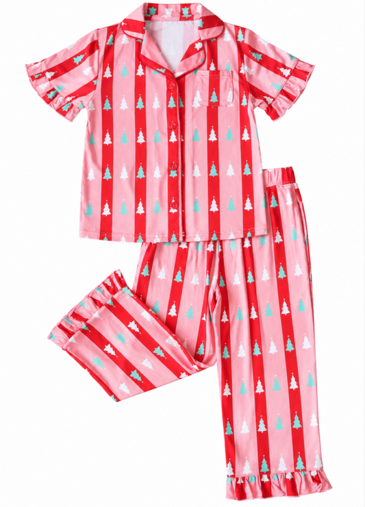Ruffle Pajama Set, Red + Pink Tree Stripes - Magpies Paducah