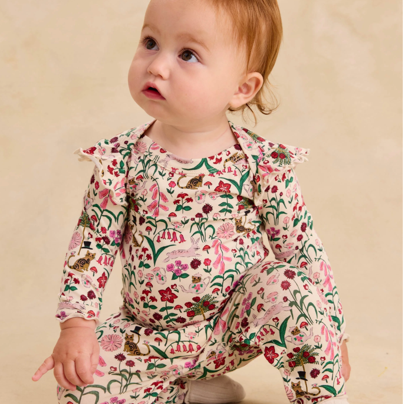 Ruffle Shoulder Baby Romper, Tea Party Floral