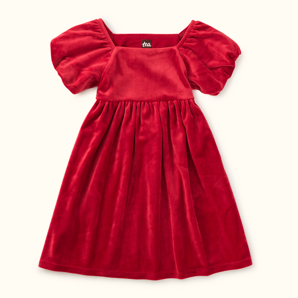 Red Puff Shoulder Velour Dress