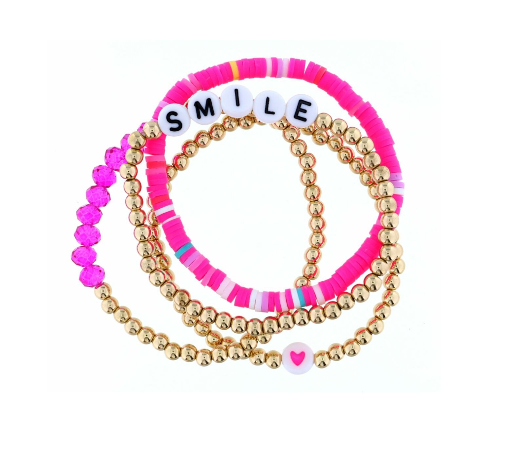 Pink Beaded SMILE Bracelet, Set of 4