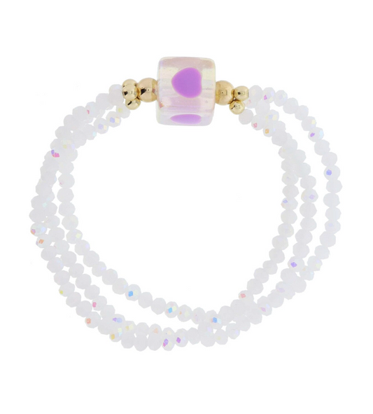 White Beaded & Lavender Heart Bracelet