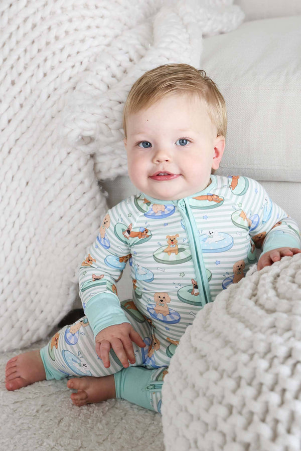 Convertible Zip Romper | Poolside Pups Blue