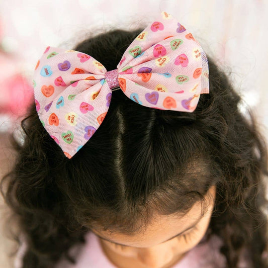 Candy Hearts Valentine's Day Tulle Bow Clip - Kids Hair Clip - Magpies Paducah