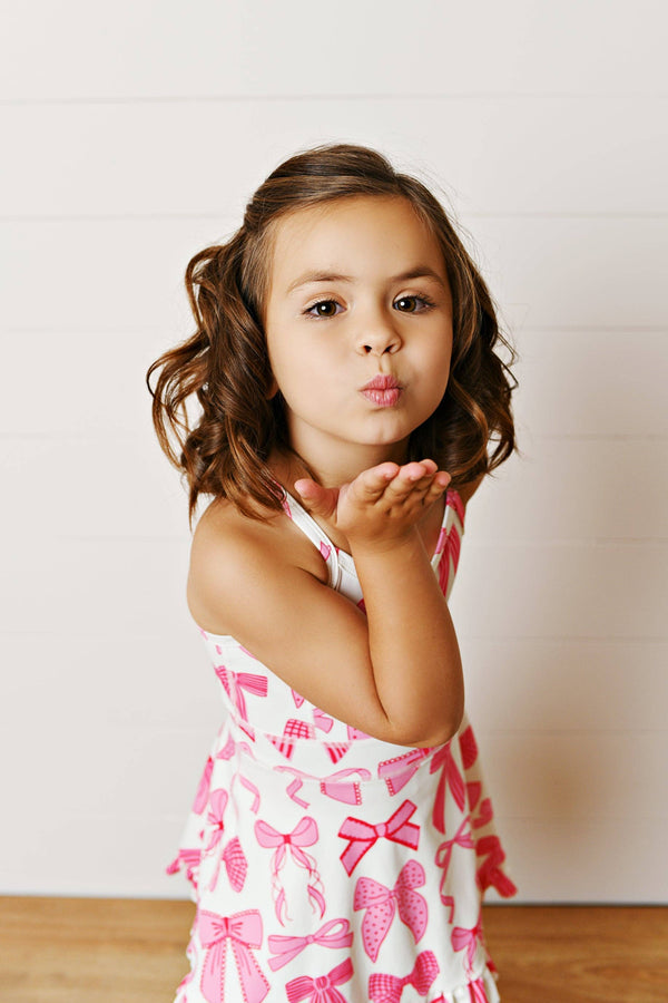 Active Sport Ruffle Dress, White & Pink Bow - Magpies Paducah