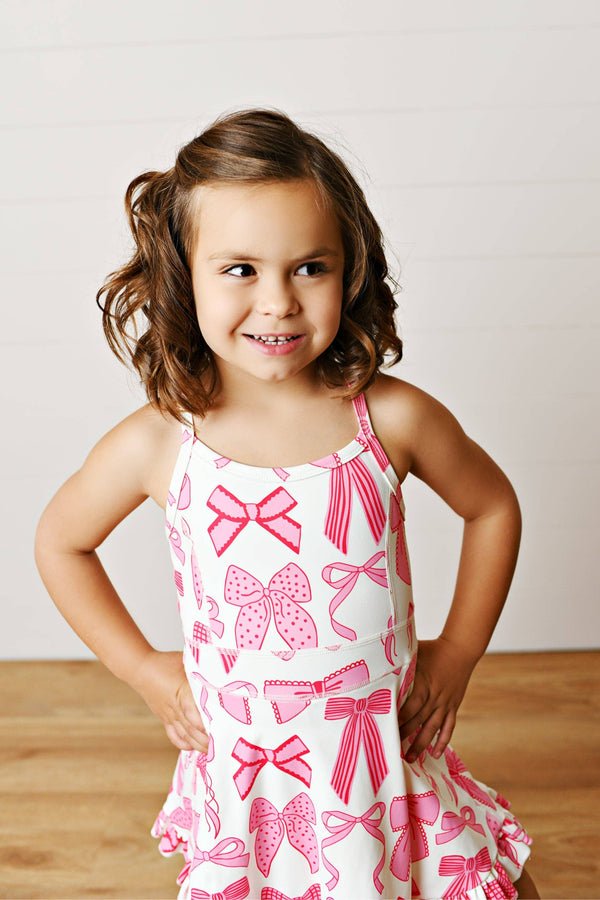 Active Sport Ruffle Dress, White & Pink Bow - Magpies Paducah
