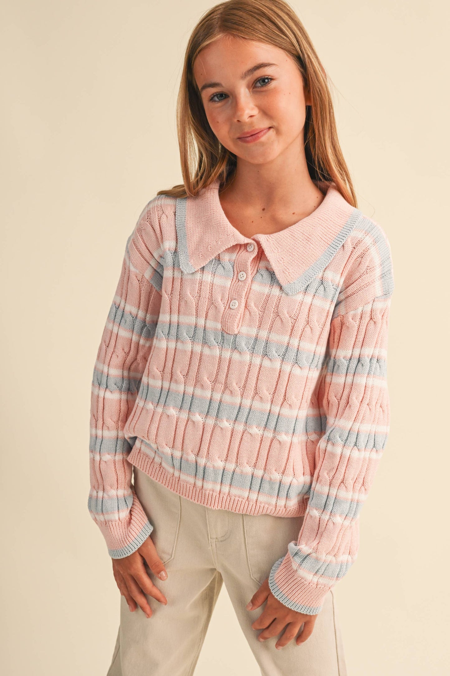 Long Sleeve Cotton Candy Cableknit Polo