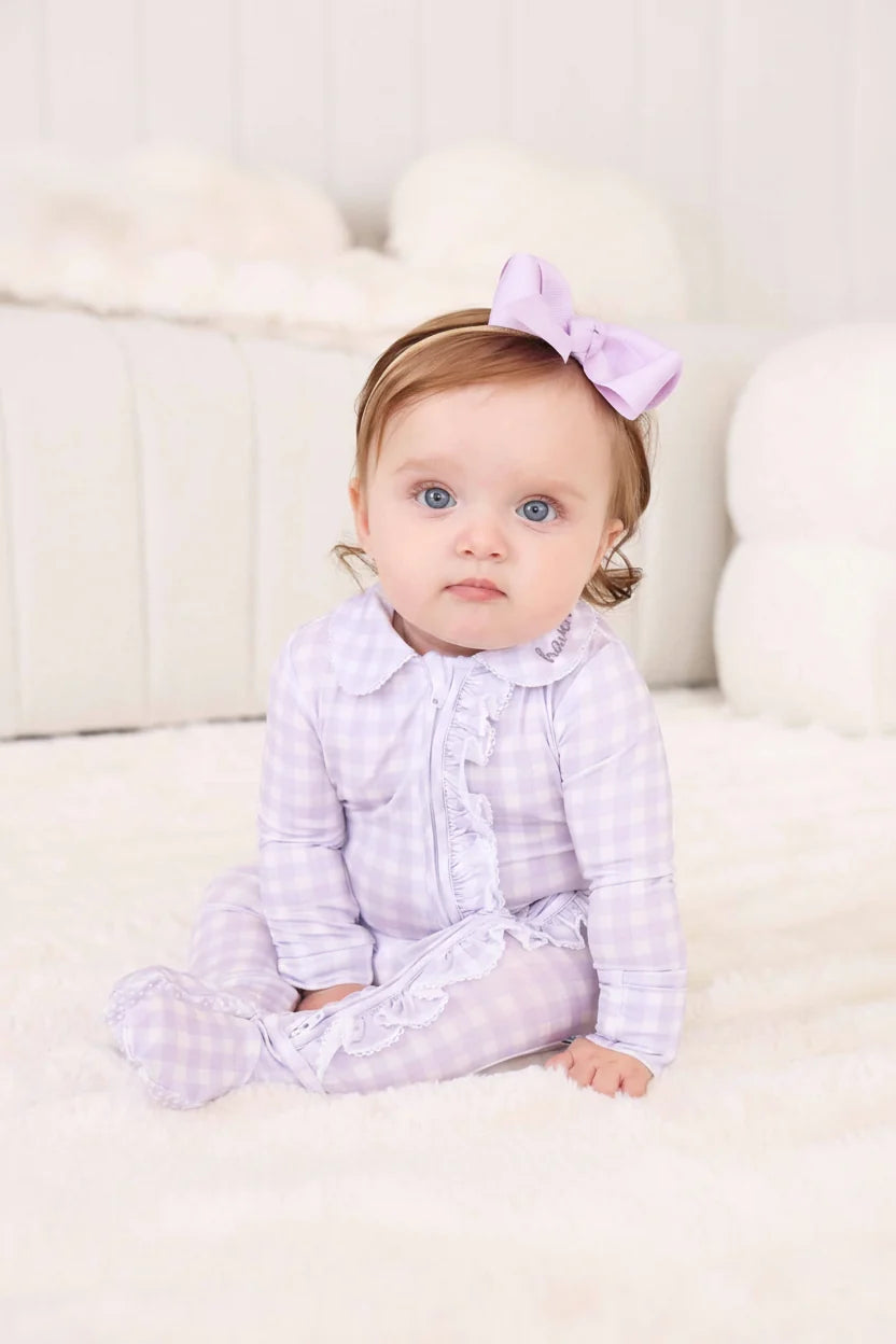 Peter Pan Collar Ruffle Zipper Footie, Lilac Gingham